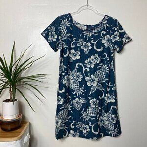 Island Vintage Blue Ivory Hawaiian Tropical Print Short Sleeve Mini Dress